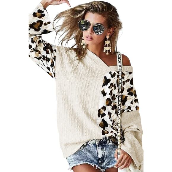 Beige Asymmetric Leopard Patchwork Wide Sleeve V Neck Sweater New  S, M - Picture 4 of 12